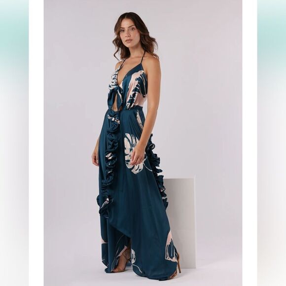 NWT PRAIA PR Bellagio 17191 Maxi Dress Large Green Pink Floral - Picture 8 of 14